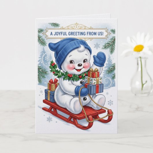 Schattige Sneeuwman op slee Kerstmis Kaart (Kleine Plant)