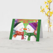 Schattige sneeuwman paar kerst Kaart (Gele Bloem)