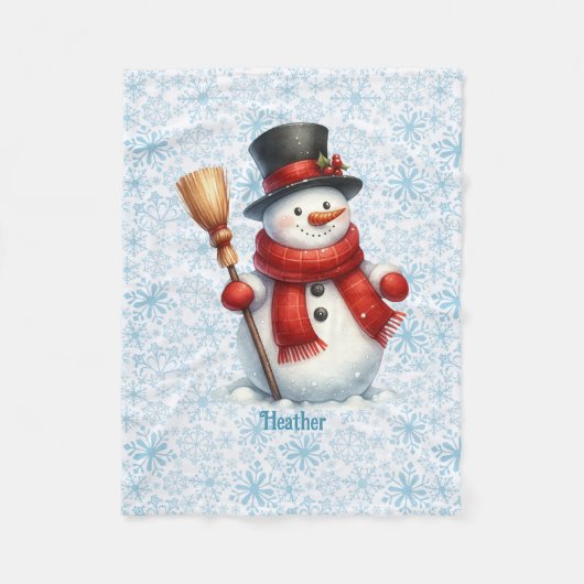 Schattige Sneeuwman Personaliseer Naam Kerstmis Fleece Deken (Voorkant)