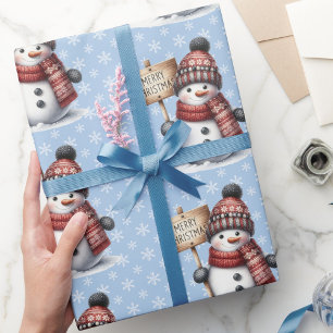 Schattige Sneeuwman Prettig Kerstmis Sneeuwvlokken Cadeaupapier