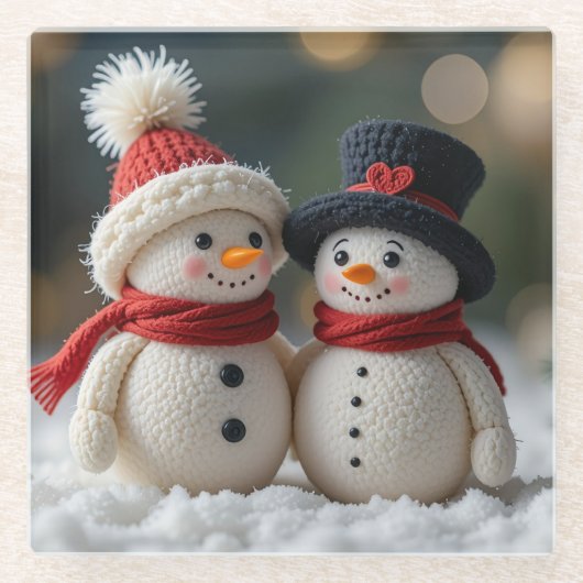 schattige sneeuwman samen glazen onderzetter (Voorkant)