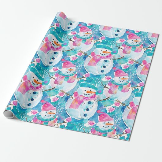Schattige sneeuwman turquoise waterverf patroon cadeaupapier (Uitgerold)