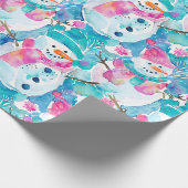 Schattige sneeuwman turquoise waterverf patroon cadeaupapier (Hoek)
