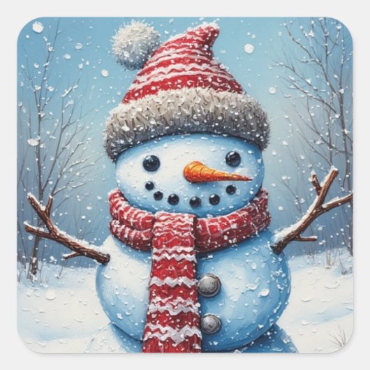 Schattige Sneeuwman Vierkante Sticker (Voorkant)
