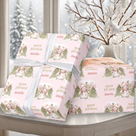 Schattige Sneeuwman Winter  Roze Meisje Naam Tekst Cadeaupapier