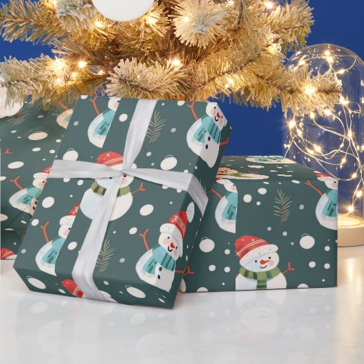Schattige Sneeuwmannen Groene Kerstmis Cadeaupapier (Feestdagen)