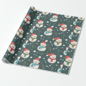 Schattige Sneeuwmannen Groene Kerstmis Cadeaupapier (Uitgerold)