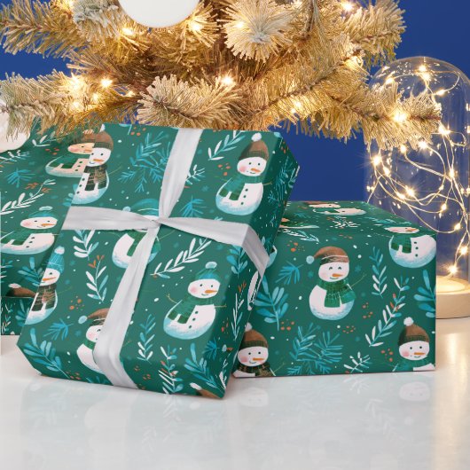 Schattige Sneeuwmannen Groene Kerstmis Cadeaupapier (Feestdagen)