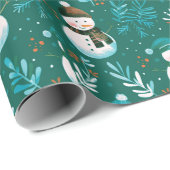 Schattige Sneeuwmannen Groene Kerstmis Cadeaupapier (Rol Hoek)