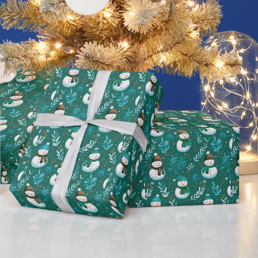 Schattige Sneeuwmannen Groene Kerstmis Cadeaupapier (Feestdagen)