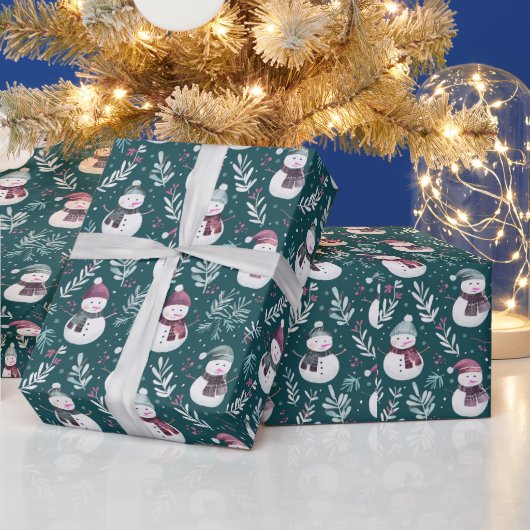 Schattige Sneeuwmannen Groene Kerstmis Cadeaupapier (Feestdagen)