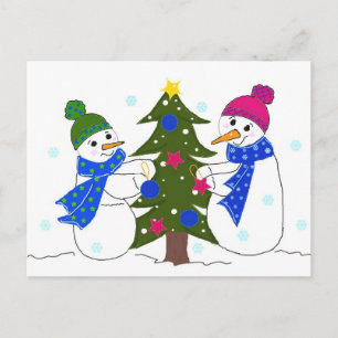 Schattige sneeuwmannen versieren een boom briefkaart