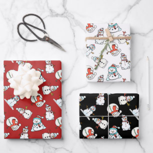 Schattige sneeuwmanpatroon - zwart, wit en rood inpakpapier vel