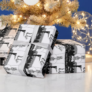 schattige sneeuwpop die zwart-wit van sneeuwscène  cadeaupapier