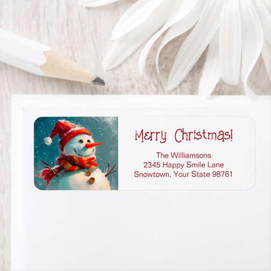 Schattige  sneeuwpop kerst retour adres etiket (Insitu)