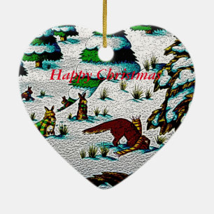 schattige sneeuwscène met fox en konijnen keramisch ornament