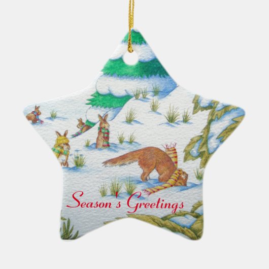 schattige sneeuwscène met fox en konijnen keramisch ornament (Voorkant)