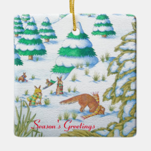 schattige sneeuwscène met fox en konijnen keramisch ornament