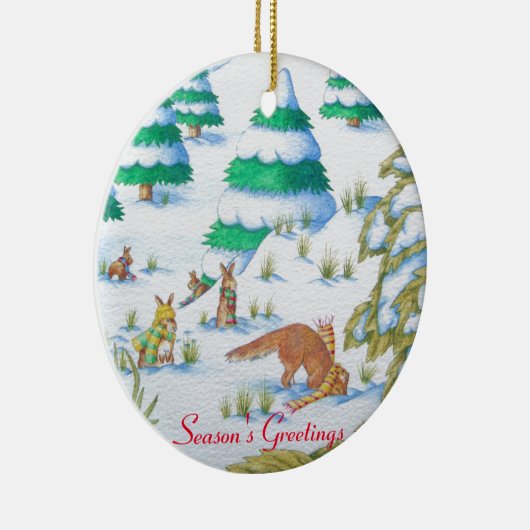 schattige sneeuwscène met fox en konijnen keramisch ornament (Rechts)