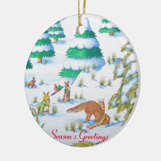 schattige sneeuwscène met fox en konijnen keramisch ornament (Links)