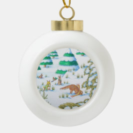schattige sneeuwscène met fox en konijnen keramische bal ornament