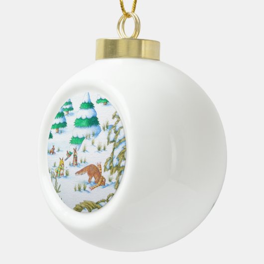 schattige sneeuwscène met fox en konijnen keramische bal ornament (Rechts)