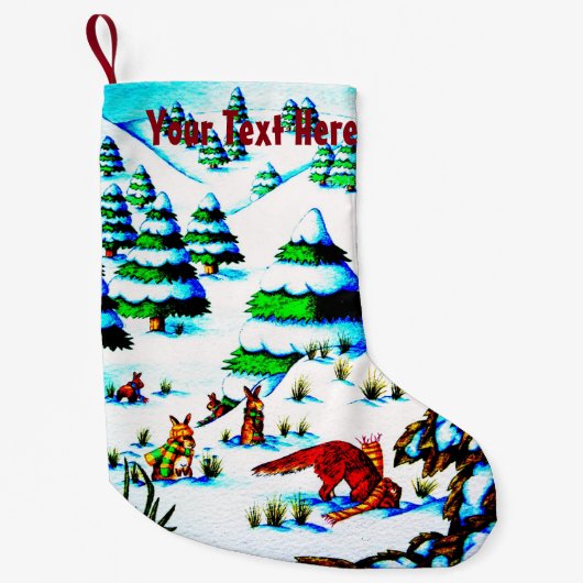 schattige sneeuwscène met fox en konijnen kleine kerstsok (Voorkant)