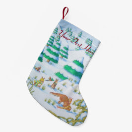 schattige sneeuwscène met fox en konijnen kleine kerstsok