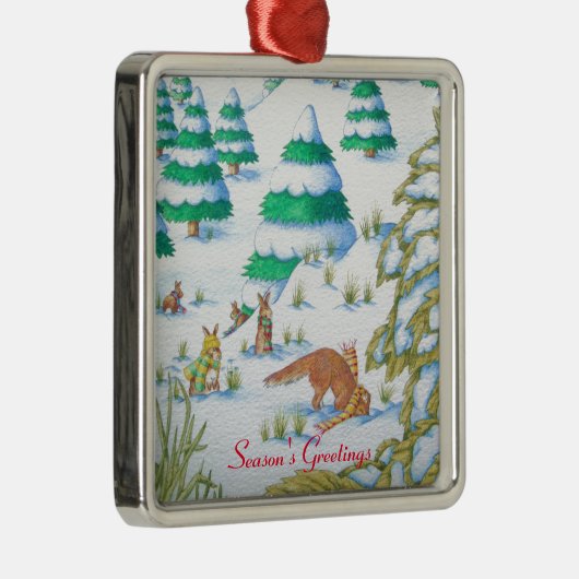schattige sneeuwscène met fox en konijnen metalen ornament (Rechts)