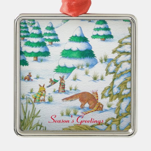 schattige sneeuwscène met fox en konijnen metalen ornament (Voorkant)
