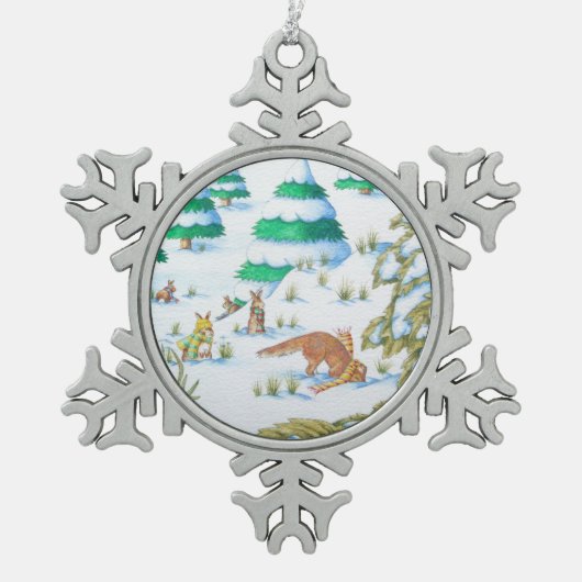 schattige sneeuwscène met fox en konijnen tin sneeuwvlok ornament (Voorkant)