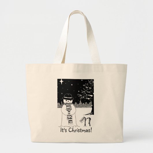 schattige sneeuwscène zwart-wit grote tote bag (Voorkant)