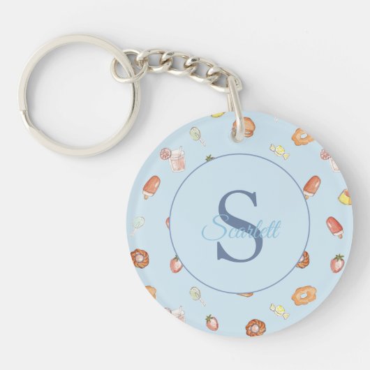 Schattige ?snoeppatroon Monogram Naam blauw Sleutelhanger (Voorkant)