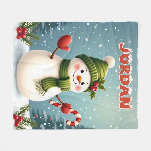 Schattige Snowman kerstontwerp met aangepaste naam Fleece Deken (Voorkant (Horizontaal))