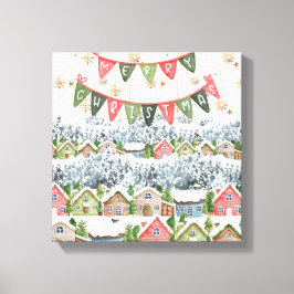 Schattige Snowy Christmas Village Canvas Afdruk