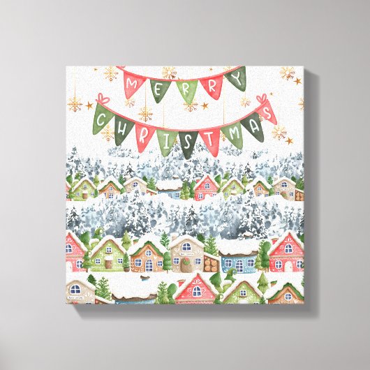 Schattige Snowy Christmas Village Canvas Afdruk (Voorkant)