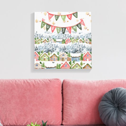 Schattige Snowy Christmas Village Canvas Afdruk (Insitu (Woonkamer))