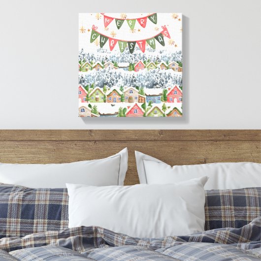 Schattige Snowy Christmas Village Canvas Afdruk (Insitu (Slaapkamer))