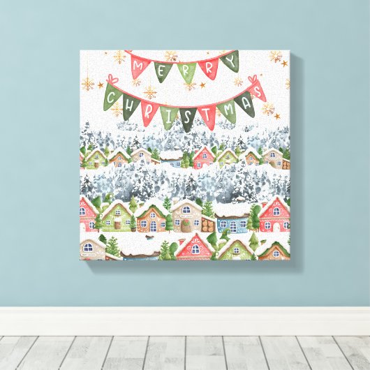 Schattige Snowy Christmas Village Canvas Afdruk (Insitu (Houten vloer))