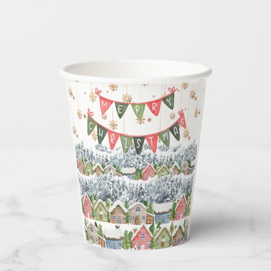 Schattige Snowy Christmas Village Papieren Bekers (Achterkant)