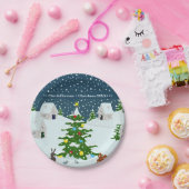 Schattige Snowy Christmas village Papieren Bordje (Feest)