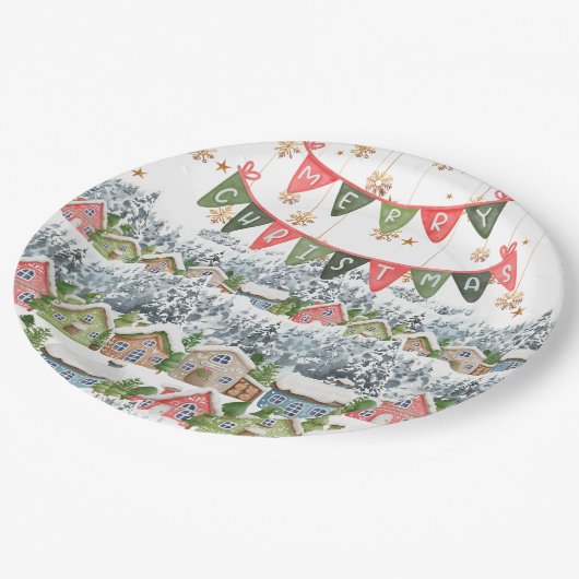 Schattige Snowy Christmas Village Papieren Bordje (Gekanteld)