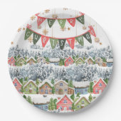 Schattige Snowy Christmas Village Papieren Bordje (Voorkant)