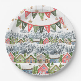 Schattige Snowy Christmas Village Papieren Bordje