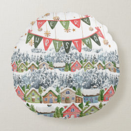 Schattige Snowy Christmas Village Rond Kussen