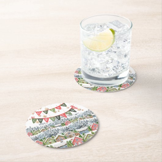 Schattige Snowy Christmas Village Ronde Kartonnen Onderzetter (Insitu)