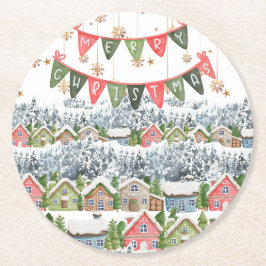 Schattige Snowy Christmas Village Ronde Kartonnen Onderzetter