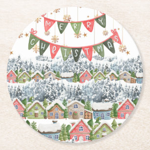 Schattige Snowy Christmas Village Ronde Kartonnen Onderzetter