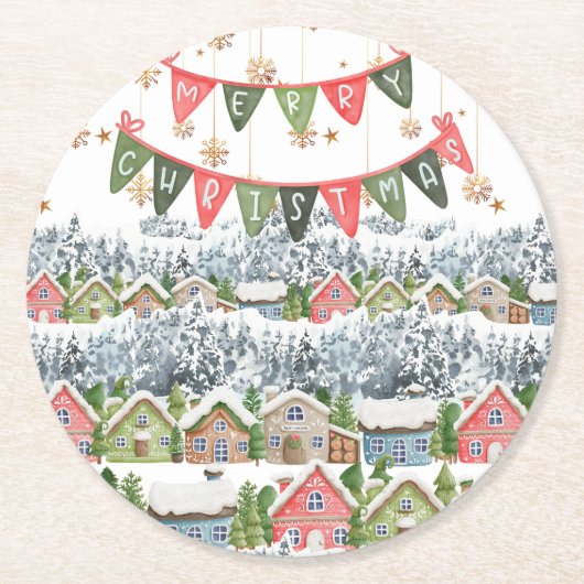 Schattige Snowy Christmas Village Ronde Kartonnen Onderzetter (Voorkant)