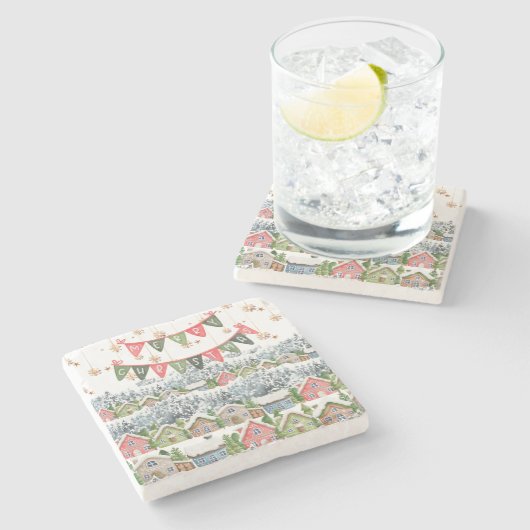 Schattige Snowy Christmas Village Stenen Onderzetter (Zijkant)